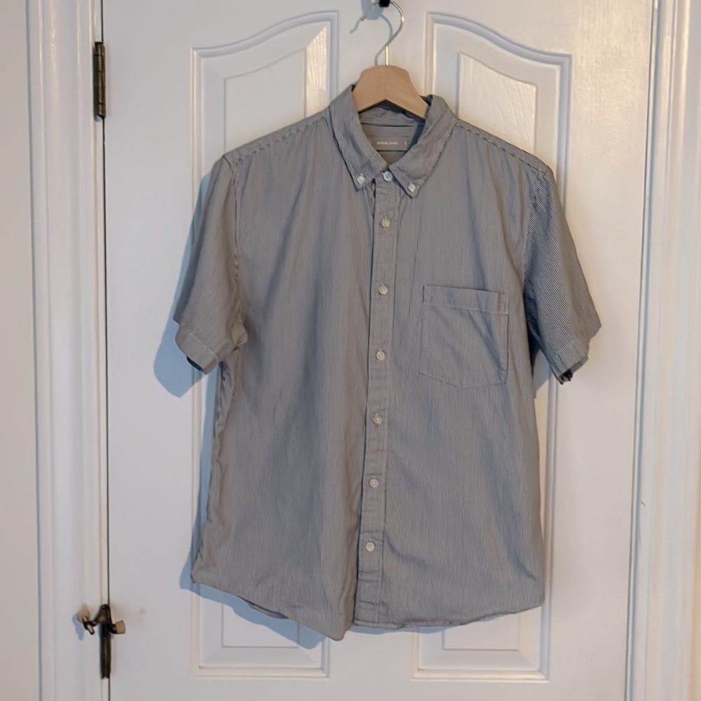 Everlane | The Air Oxford Short-Sleeve Shirt Navy Blue Stripes Medium Classic‎ - Picture 5 of 8